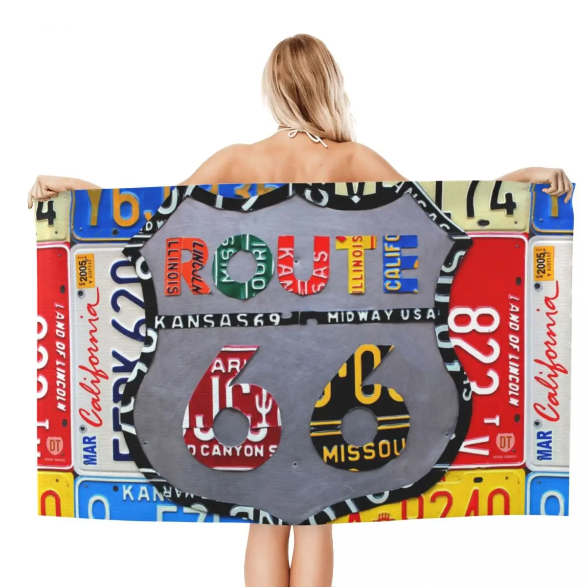 Main Street Of America Beach Towel Quick Dry Route 66 License Plate Art Super Soft Microfiber Bath Sauna Towels