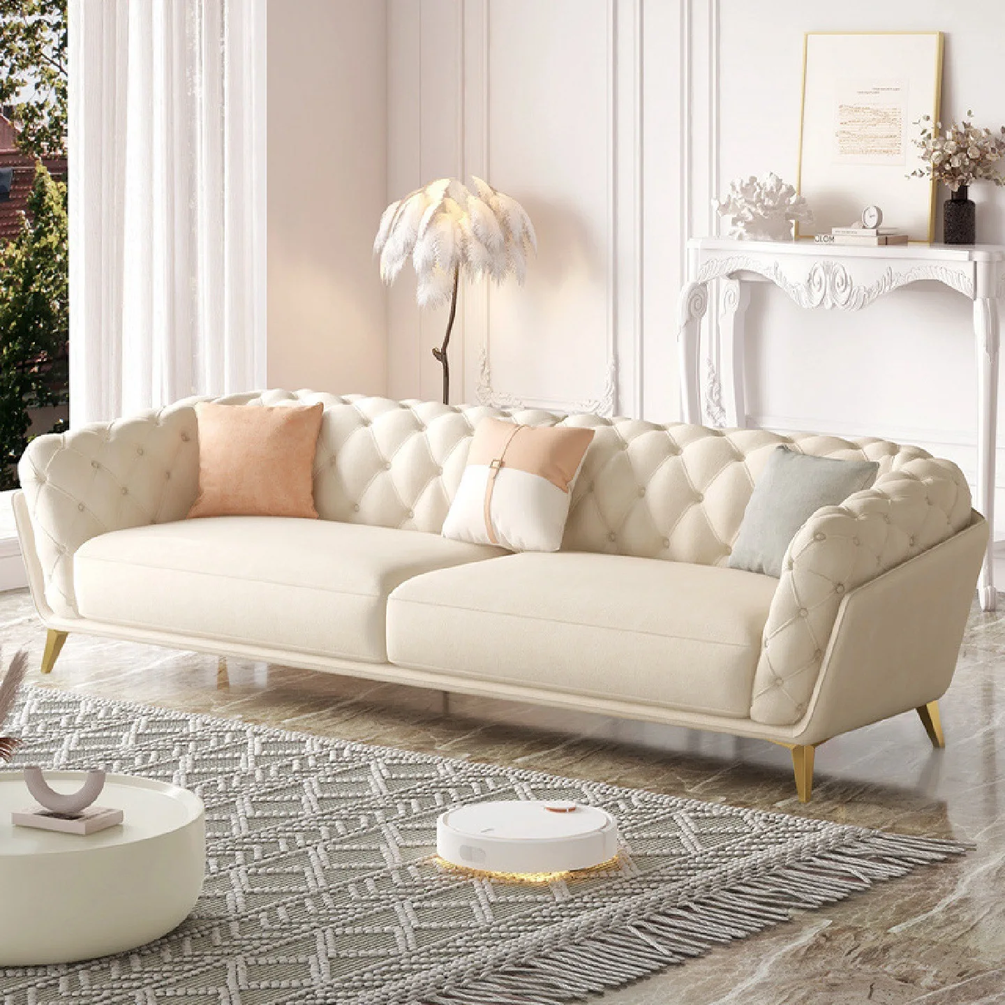French Cream Fabric Sofa, Retro Light Luxury Skin-Friendly Milk Velvet, Minimalist Straight Sofa for Small Living Room