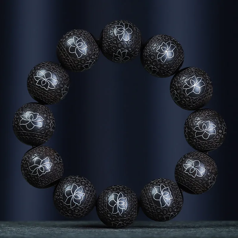 Handcrafted Ebony Rosewood Bracelet: Silver Inlaid Buddhist Prayer Beads with Cloud Carving, Meditation Gift