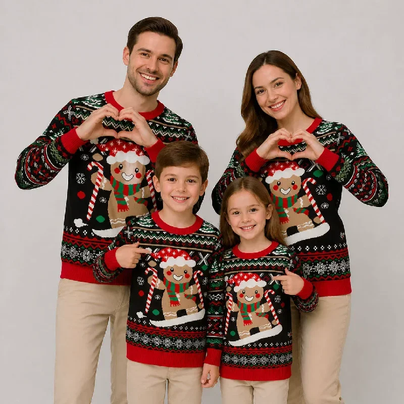 Ugly Christmas Family Matching Outfit Gingerbread Man Skiing Print Knitted Sweater Mom Dad Son Daughter Xmas Party Pullover
