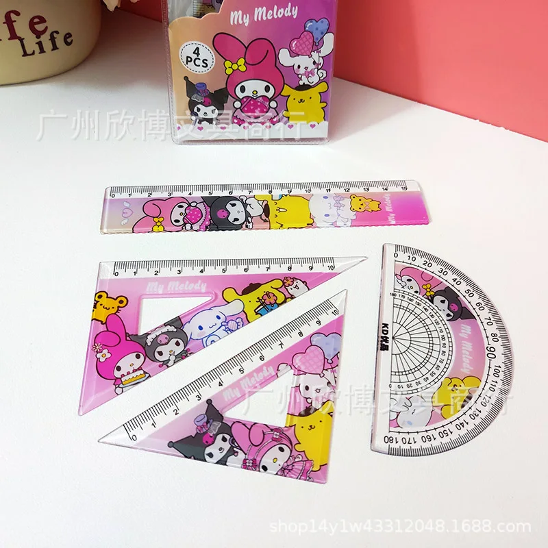 Sanrio Ruler Set Cartoon 15cm High-Quality 4-Piece Plastic Ruler Triangle Protractor Student Mathematics Stationery Wholesale