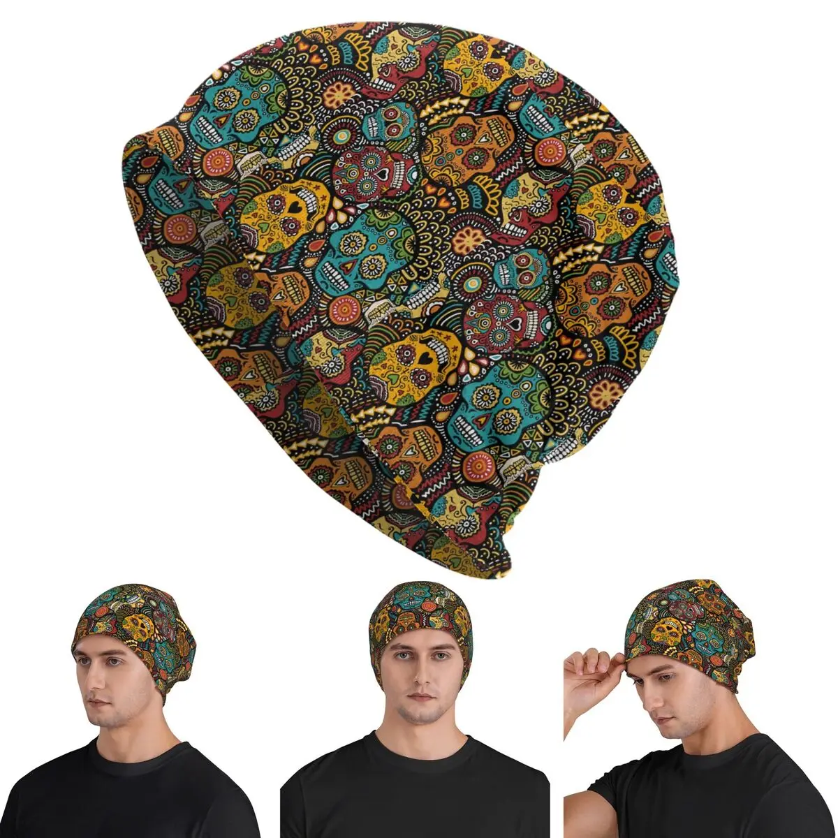 

Calaveras Sugar Skull Skullies Beanies Hats Warm Autumn Winter Outdoor Cap Knitted Bonnet Caps for Unisex Adult