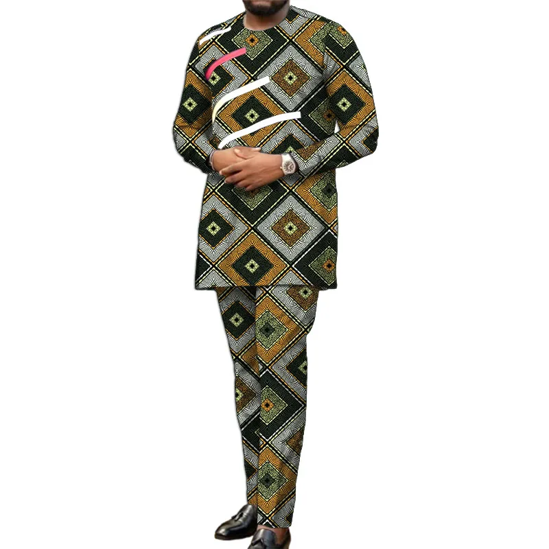 Long Sleeves African Clothes Men Set Nigerian Style Colorful Stripe Patchwork Tops With Pant Groom Suit Male Traditional Outfit