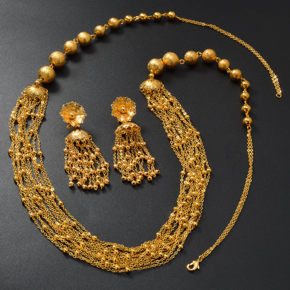 

Luxury Gold Bridal Jewelry Set: Small Beads Tassel Necklace, Dangle Earrings African Hand Bracelet