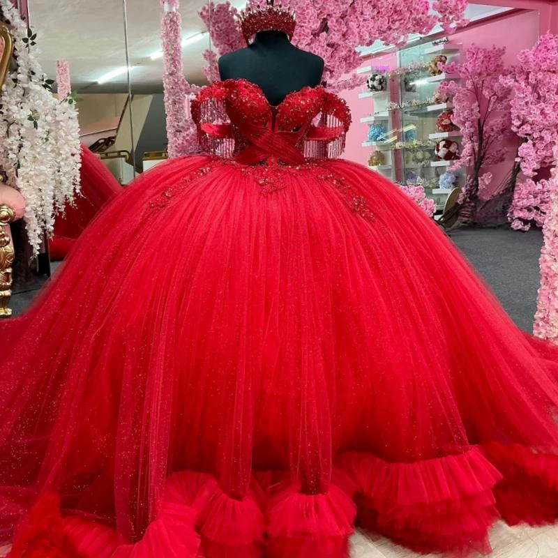 

Customized Red Shiny Quinceanera Dresses Ball Gown Sequin Applique Lace Beading Tull Tiered Corset Party Birthday Sweet 16 Vesti