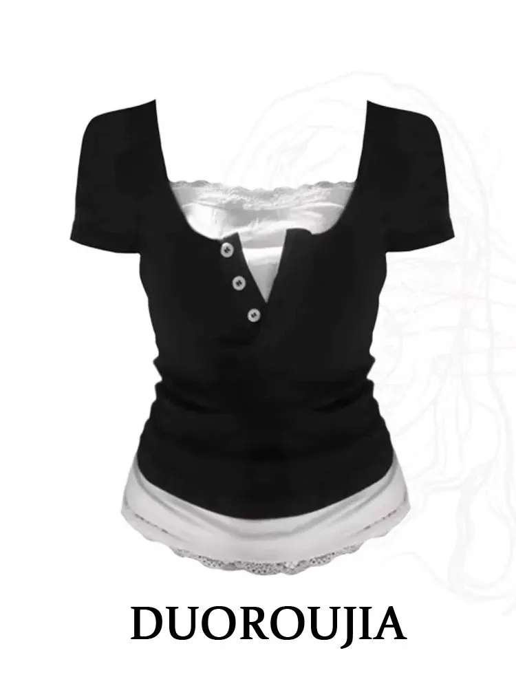 

plus Size Lace Splice Fake Two-Piece Short Sleeve V-Neck T-Shirt Women Summer Slim Fit Short Style Trendy Top Korean Style Co...