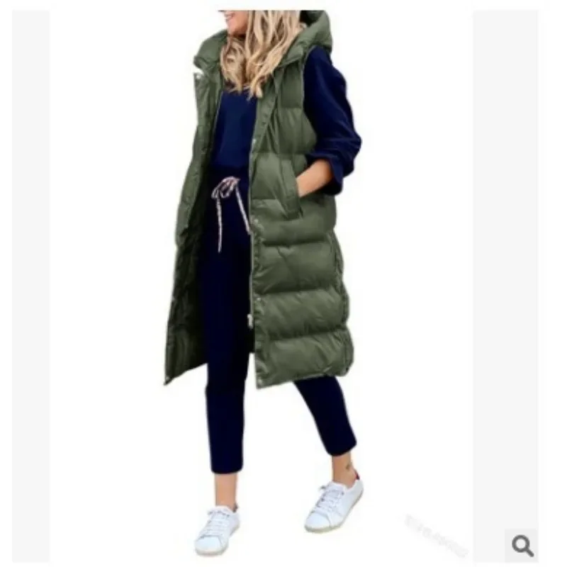 Women Solid Color Hooded Long Coat 2023 Autumn Winter Vest Long Parkas Women Loose and Warm Single-Brewed Zip Sleeveless Parkas