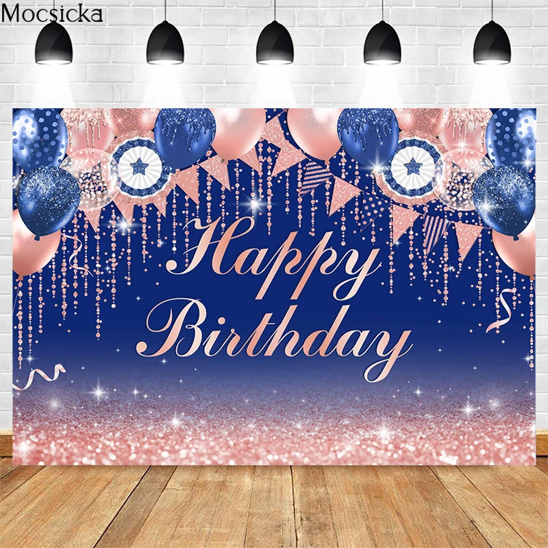 Mocsicka Navy Blue Birthday Photography Background Boy Girl Birthday Party Decoration Supplies Sparkle Photo Wallpaper Banner