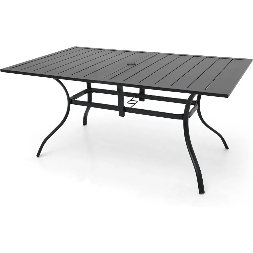 

Outdoor Metal Frame Rectangle Patio Dining Table with Slat Top and Umbrella Hole 63"x38" for 6 Person - Black