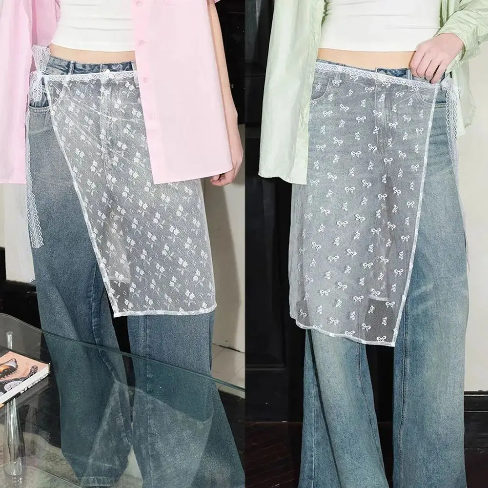 

Fashion Y2k Lace Layered Gauze Skirt With Tie Up Matching Pants Spicy Girl Stacked Skirt Open Skirt Skirt With Tie Up Girl