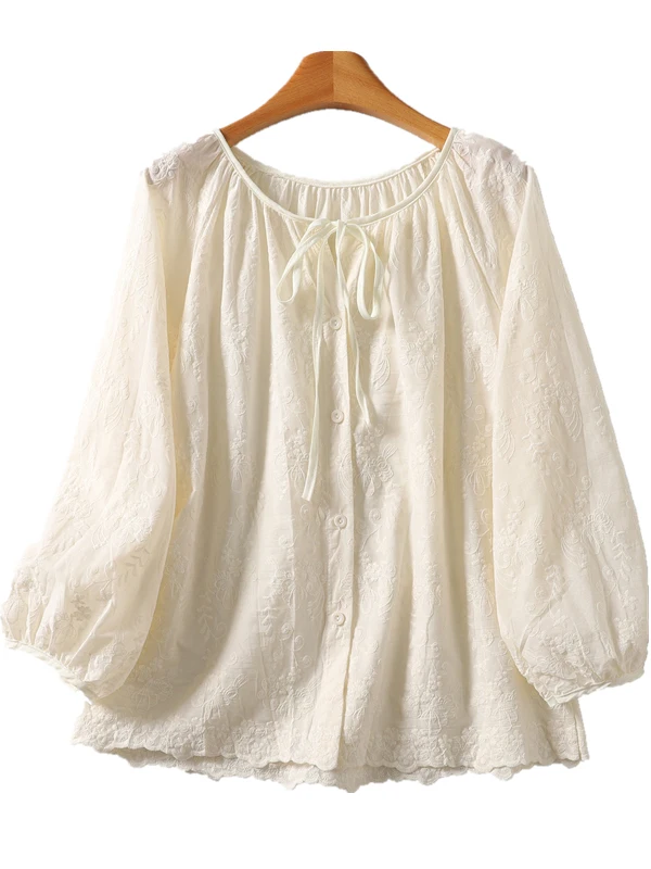 

Ele Cotton Silk Summer Thin irt Women's Svel Top Korean Sle Loose Fit round Ne Button down for Middle-Aged Mo...