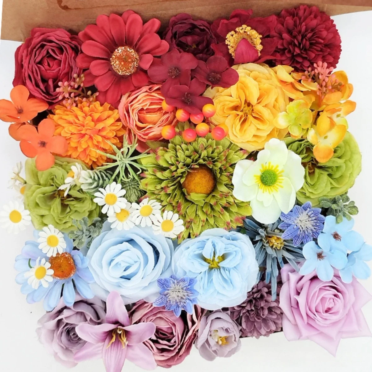 38pcs Rainbow Artificial Dried Flower With Flower Pole Wedding Atmosphere Layout Props Outdoor Decor Gift Box DIY Silk Flower