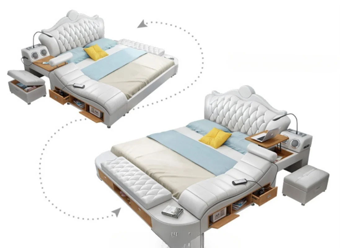 Princess Multifunctional Leather Bedroom Furniture Set Massaging Bed with Storage USB Space-Saving for Farmhouse or Hotel Use