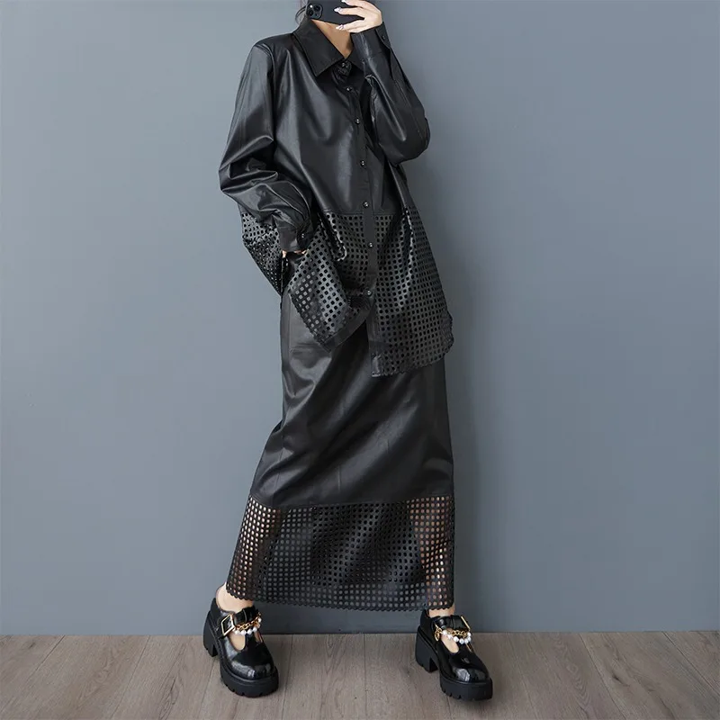 

Весенний темно-черный нишевый дизайн с модной рубашкой из искусственной кожи в стиле пэчворк с эластичной резинкой на талии и разрезом сзади