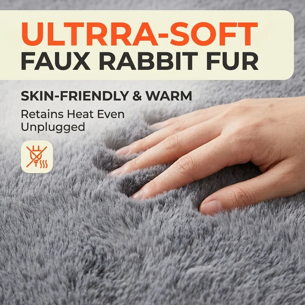 12V Smart Heated Car Seat Cushion Faux Rabbit Fur Winter Warmer Pad 3 Temp Settings Constant Heat 46x46cm Universal Fit