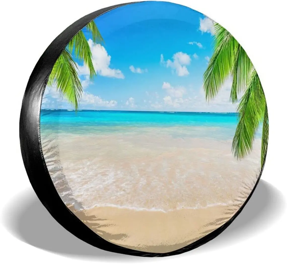 

Spare Tire Cover Palm Trees and Tropical Beach Tire Cover Waterproof DustProof Universal for Car,Trailer, RV, SUV and Many Veh