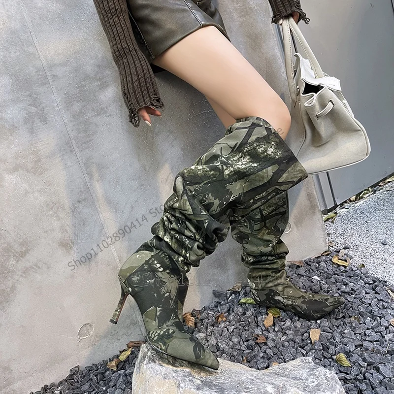 

Mixed Color Camouflage Pleated Pointed Toe Boots Slip On Women Shoes Thin High Heels Novel Sexy Fashion 2023 Zapatos Para Mujere