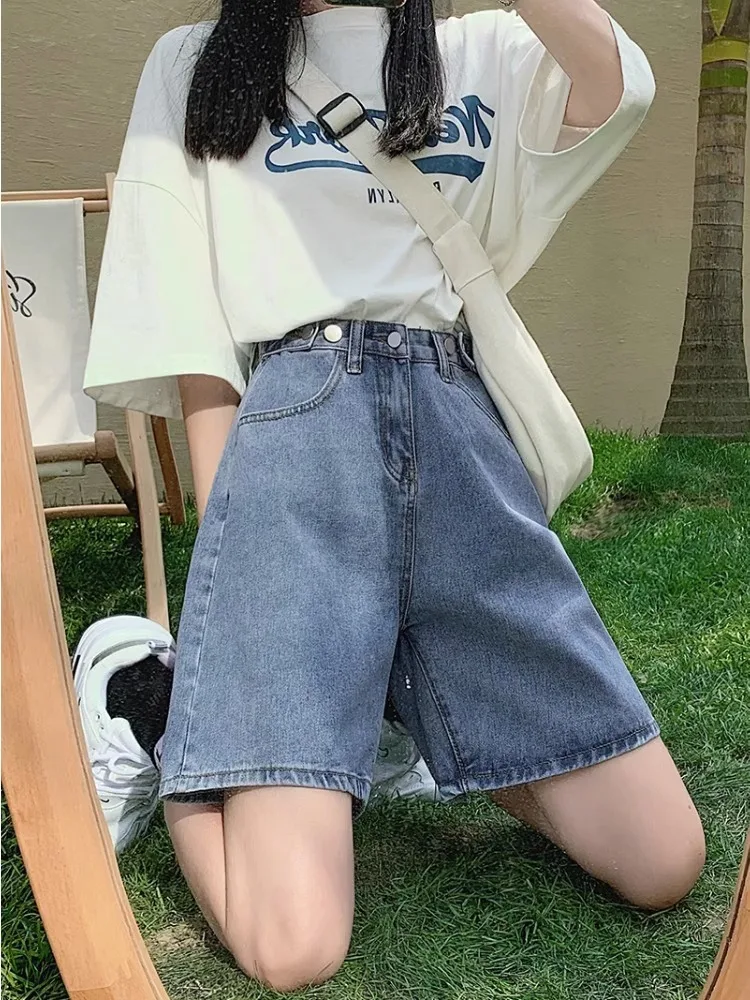 High Waist Five-Quarter Denim Shorts Women's Slim Fit Thin Summer New Sweet Cool Loose Wide Leg Mid-Pants Cotton Polyester Blend