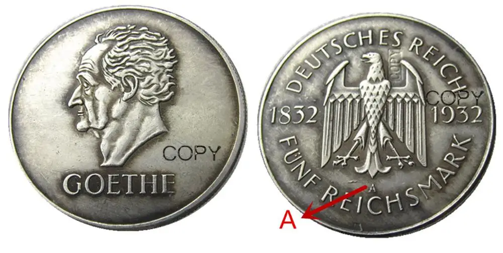 GERMANY 1932-A 5 Reichsmark Silver Plated Copy coin