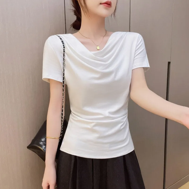 Short Sleeve T Shirt Women For Woman White Cowl Neck Knit T Shirts Ruffle Casual Slim Fit Tee Solid Color Black T-shirt Round