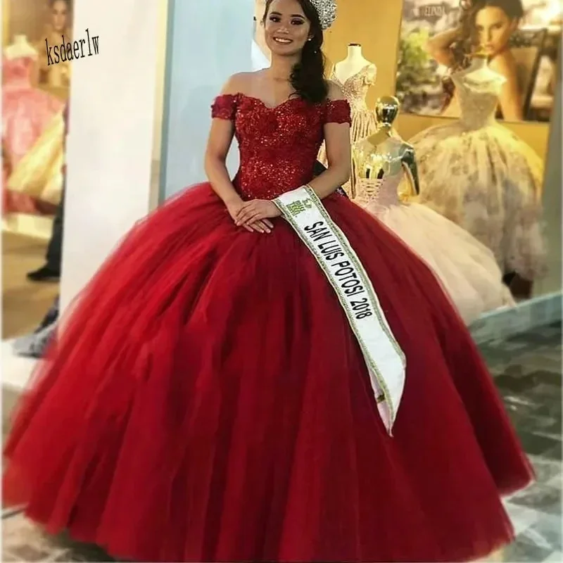 Vestido De baile De quinceañera para niña, apliques De encaje con cuentas y cristales, tul burdeos, 15 Años