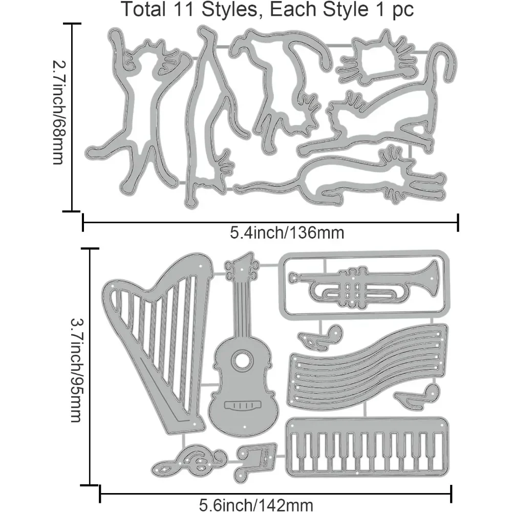 Cat Theme Cut Dies Multiple Musical Instruments Theme Metal Cutting Dies Animal Embossing Stencil for Card Making DIY Scrapbook