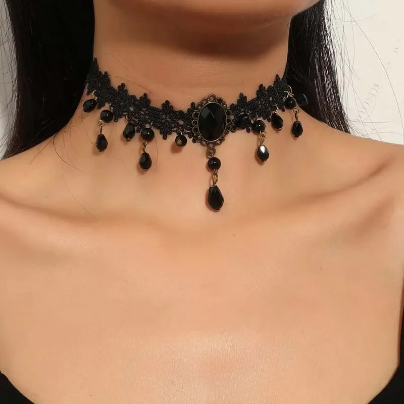 Vintage Black Lace Flower Choker Necklace for Women Fashion Classic Crystal Tassel Beaded Chain Necklace Jewelry Gifts