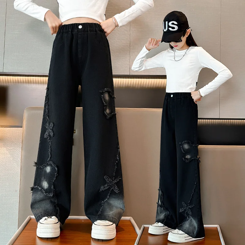 Girls Denim Pants Kids Washed Black Tie-Dye Butterfly Patchwork Trousers Children Spring Autumn Straight-Leg Wide-Leg Jeans