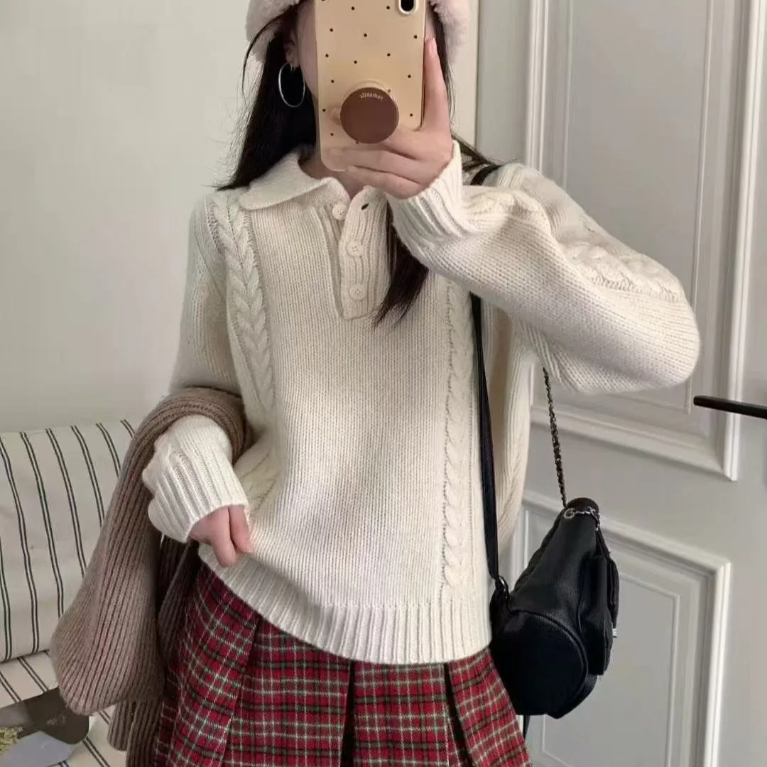 

Шикарный длинный све женский трикотаж, осенне-зимняя дизайнерская футболка с воротником на пуговицах, теплый топ на пуговицах, корейский Sle Faion