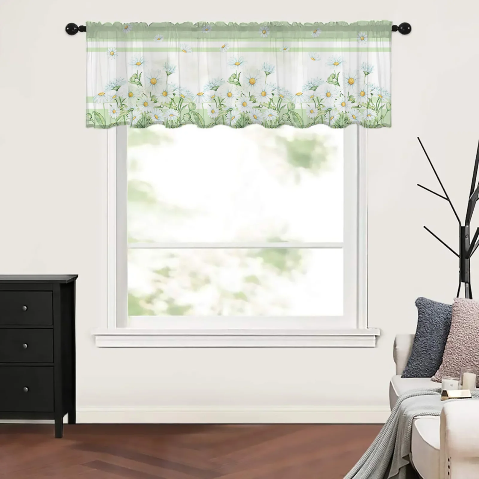 Summer Flowers Daisies Watercolor Green Short Tulle Window Curtains Sheer Voile Curtain Kitchen Cabinet Home Decor Small Drapes