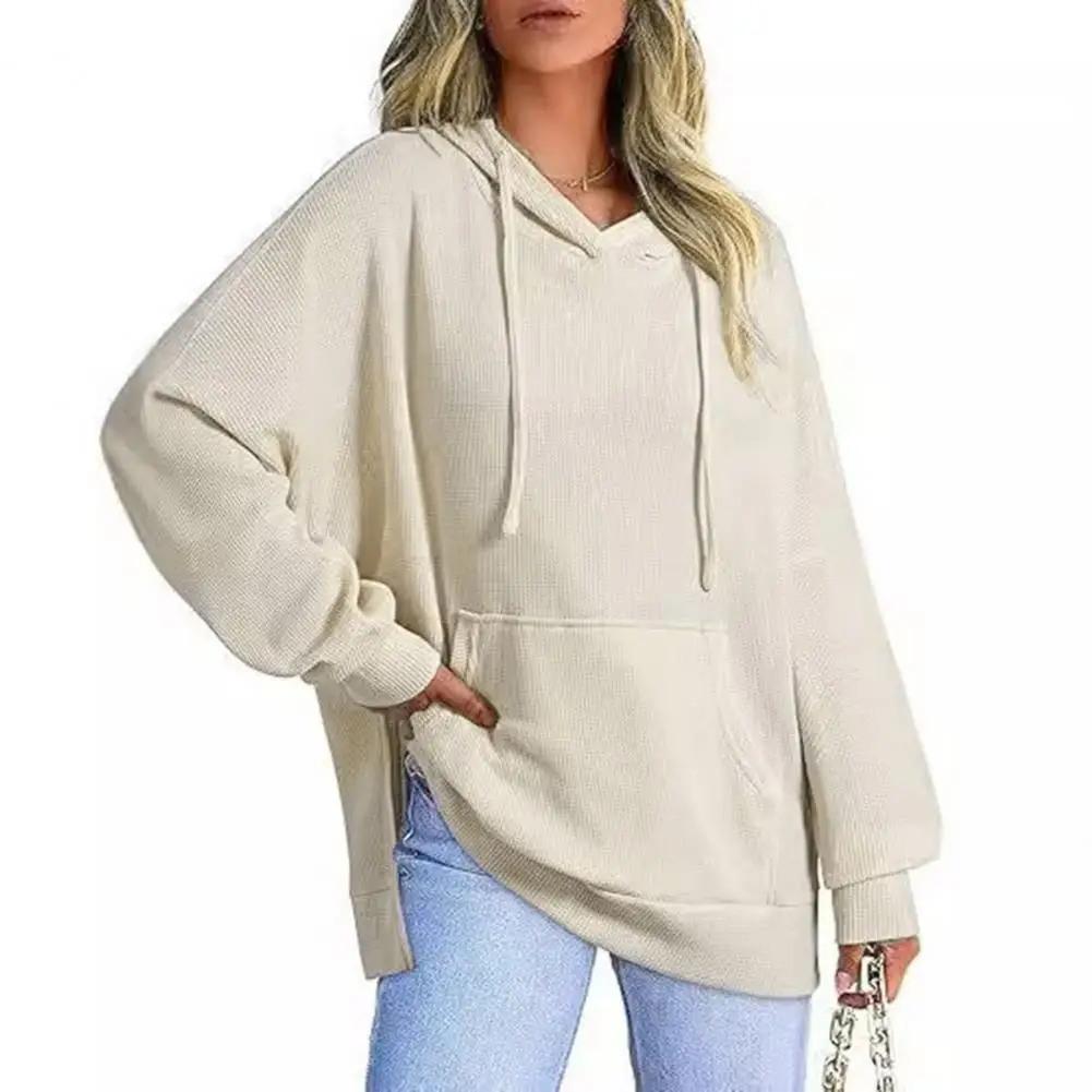 Women Hoodie Waffle Texture Knit Top with Drawstring Hood Slit Hem Loose Sportswear Pullover Clothes