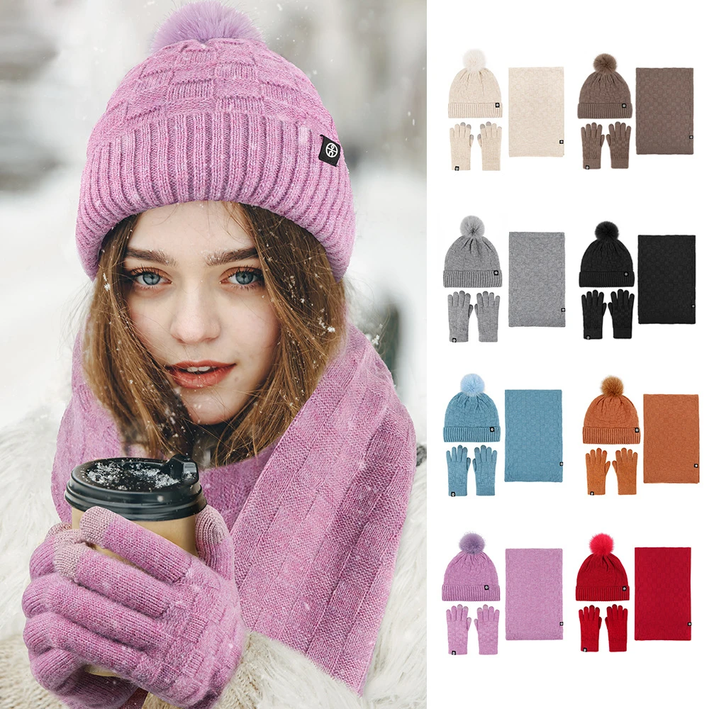 Winter Beanie Hat Scarf Gloves Set for Women Warm Beanie with Pom Pom Long Scarf Neck Warmer Touchscreen Gloves 3 in 1 Set