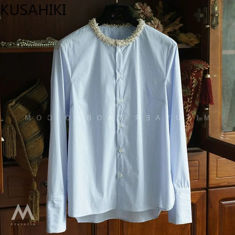 KUSAHIKI Fashion Chic Beads O-neck Long Sleeve Striped Blouses Causal Korean Womens Tops 2023 Autumn New Shirts Camisas De Mujer