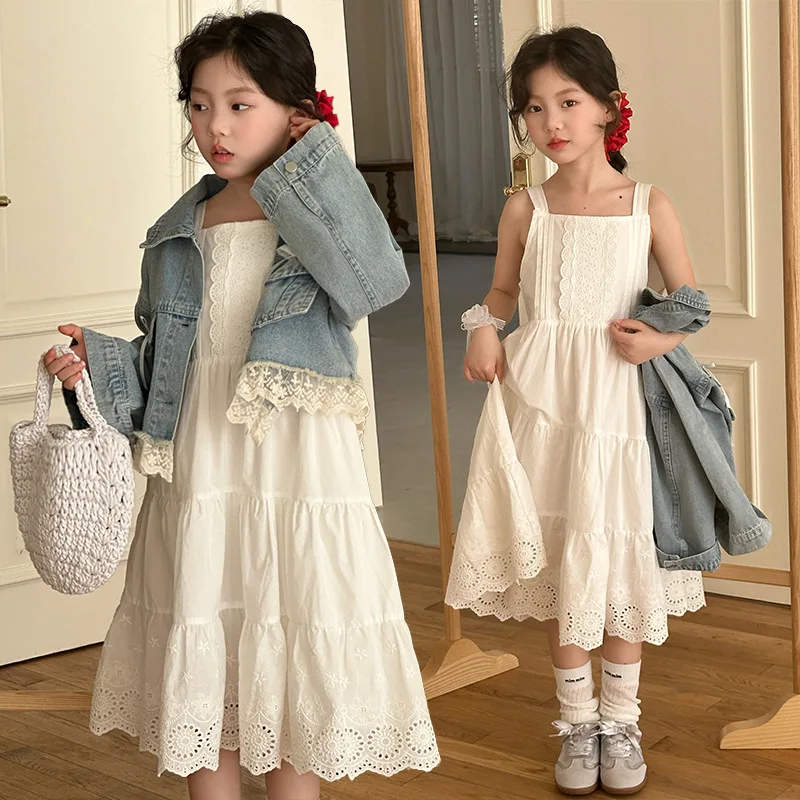 Korean Style Suspender Skirt White Princess Style Lace Skirt Fashion Summer Kids Clothing Girls Dress New Children's Clothing