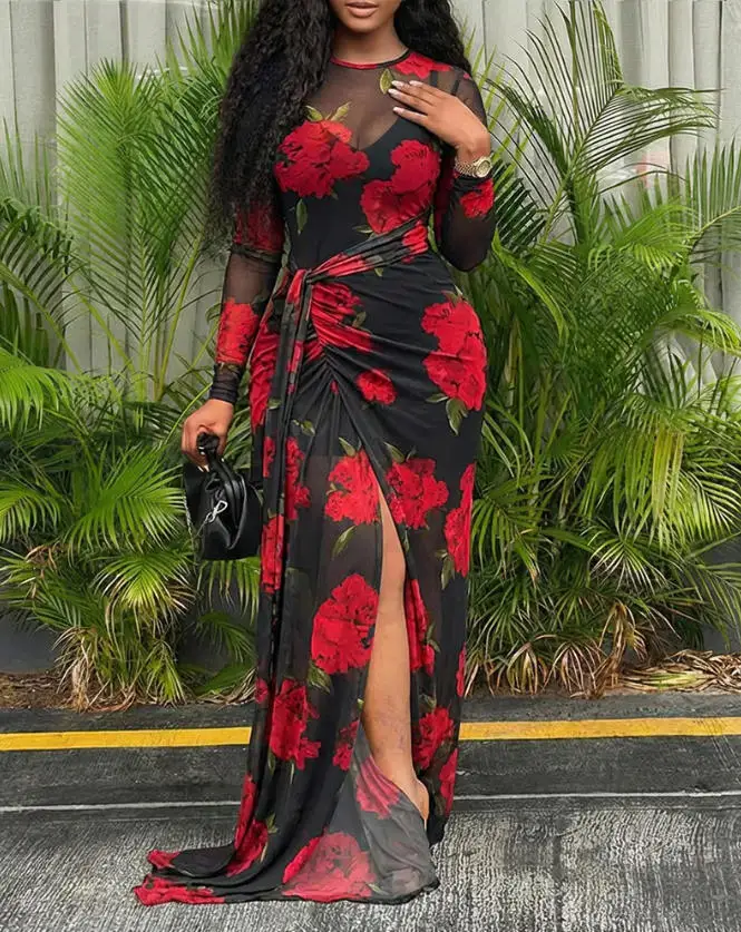 Robe d'été en mousseline de soie pour femmes, sur mesure, imprimé Floral, transparente, épissure, taille cintrée, fente latérale, adaptée aux Banquets, nouvelle collection 2026