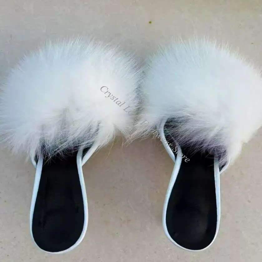 Fashion Big White Black Real Fox Fur Peep Toe Sandals Summer High Heels Slingbacks Woman Runway Shoes view 3