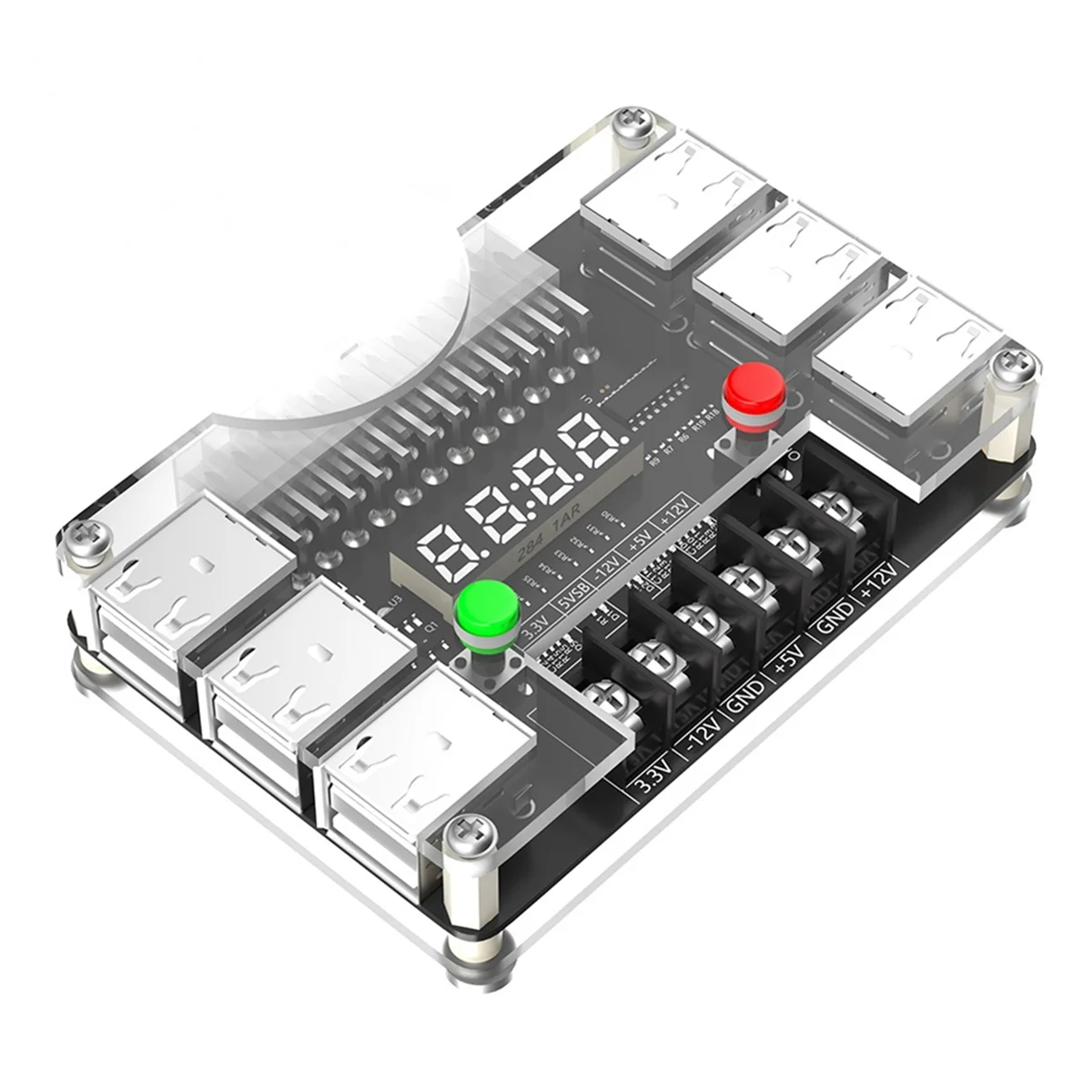 ATX Power Supply Breakout Board with Acrylic Case 3.3V, 5V, 12V, -12V Output Voltage and 12 Ports USB, 3A Maximum Output