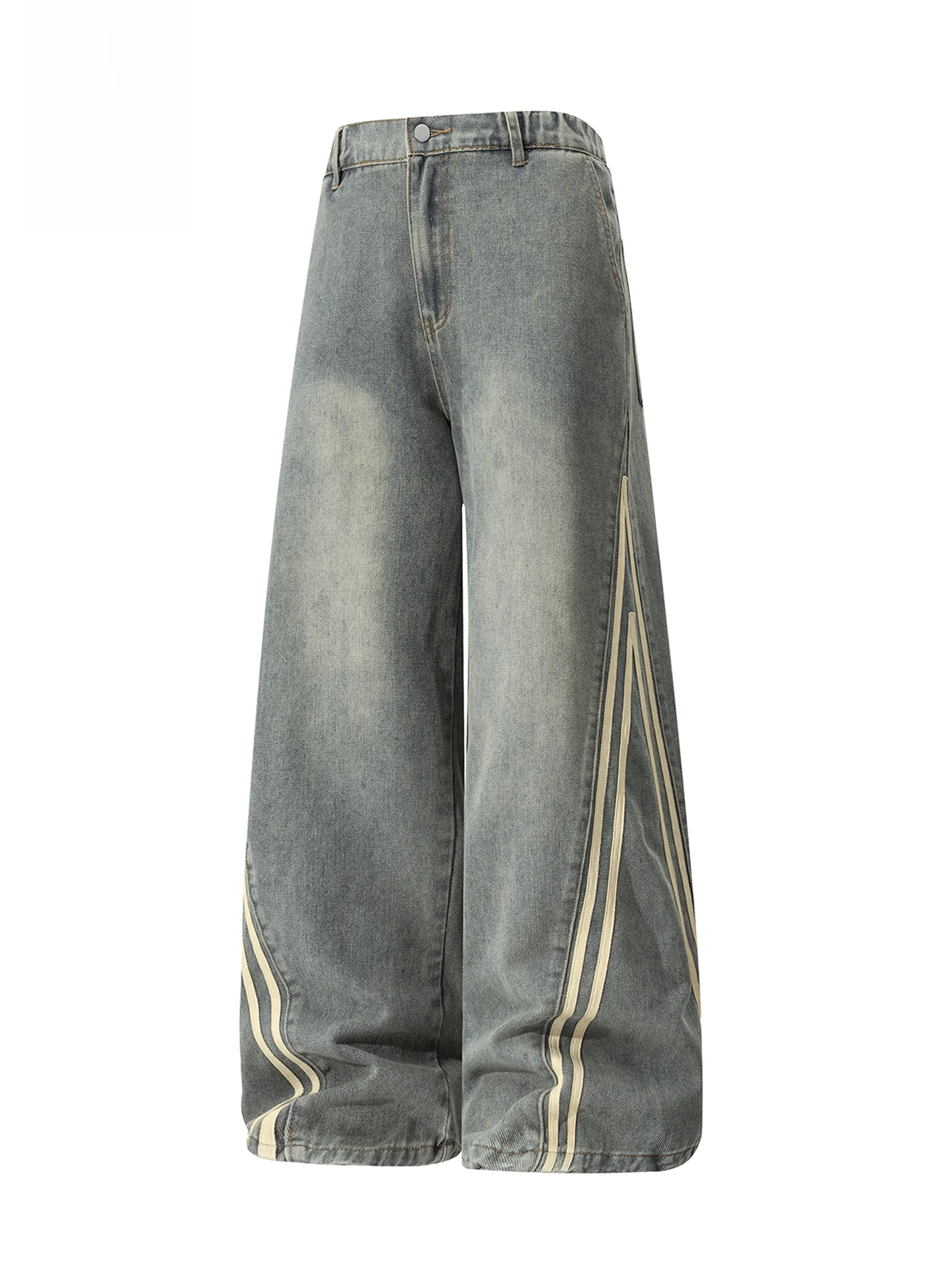 Calças Jeans Retas Soltas Unissex, Novo Estilo Outono, Calças Casuais de Perna Larga com Efeito Desbotado, Modernas com Retal...