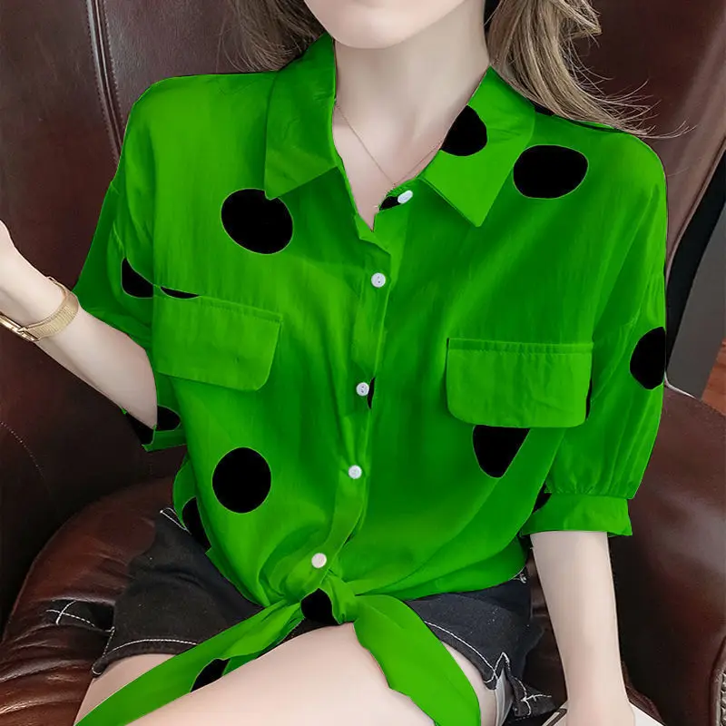 Fashion Lapel Loose Bandage Bow Polka Dot Shirt Women\'s Clothing 2023 Summer New Oversized Casual Tops Half Sleeve Korean Blouse