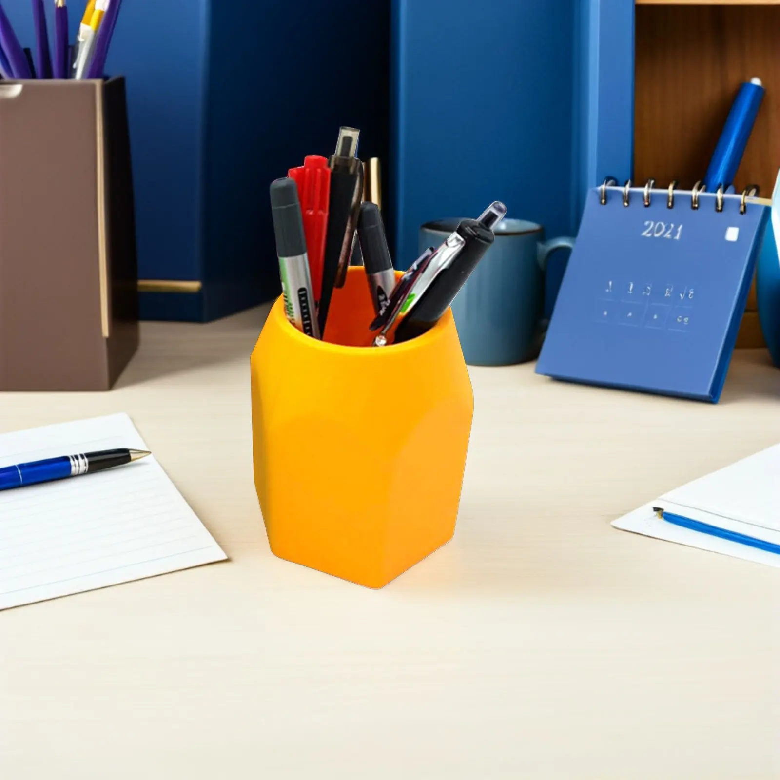 Silicone Pen Holder Round Orange Sturdy Desktop Pencil Organizer Stationery Container for School Office Desk Tidy Use