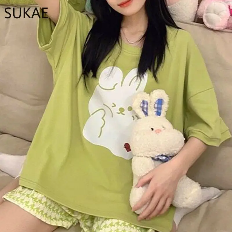 SUKAE Plus Size Women Summer Shorts Casual Milk Silk Sleepwear Kawaii Cartoon Homewear Short Sleeves Pullover Nightwear Pijama