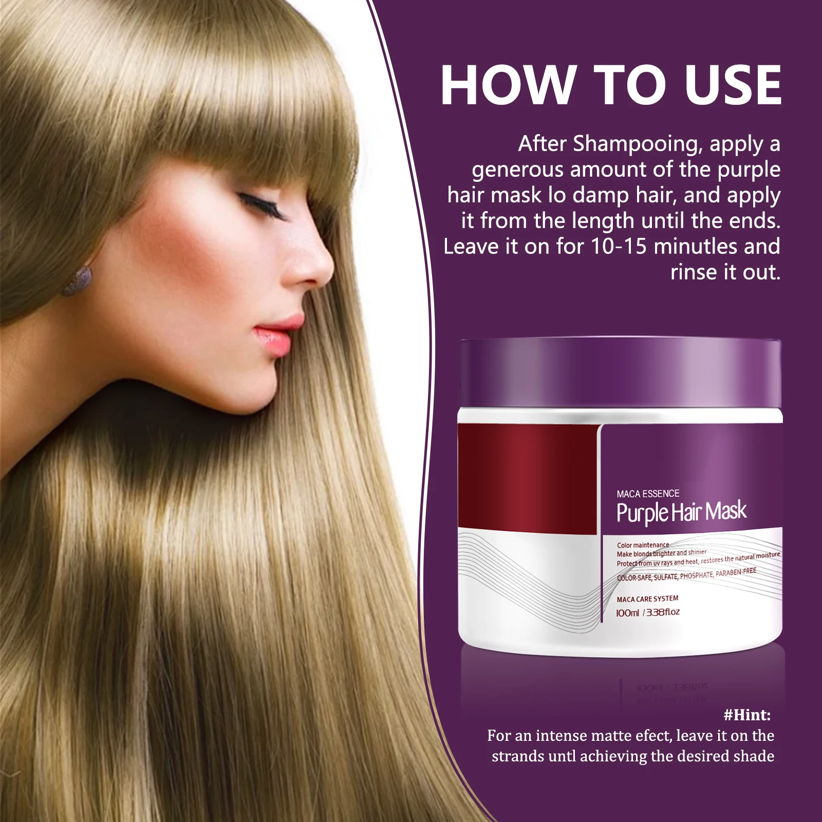 قناع الشعر الأرجواني من ماكا إيسنس 100 مل معالجة التنغيم للشعر الأشقر الفضي، صيانة الألوان، ترميم الرطوبة المشرقة #4