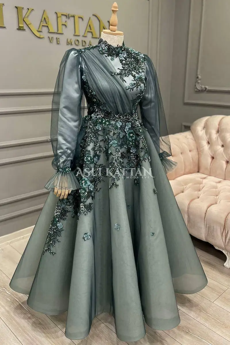 Marroquino kaftan muçulmano vestidos de noite a linha mangas compridas apliques pérolas dubai árabe turquia abaya islâmico vestido de noite