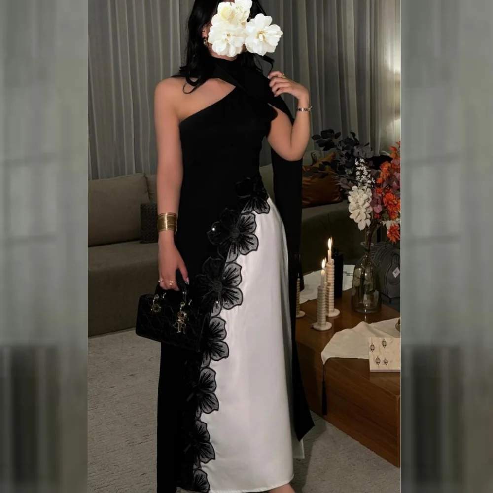 Jersey Flower Beading Ruched Formal Evening A-line One-shoulder Bespoke Occasion Gown Midi Dresses