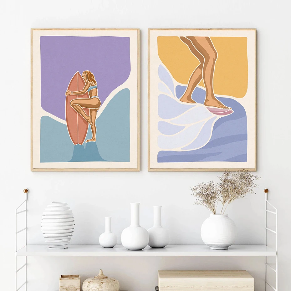 Canvas Painting Minimalist Surf Girl Posters Ocean View Beach House Prints Art Pictures Home Sporty Teen Girl's Room Wall Decor