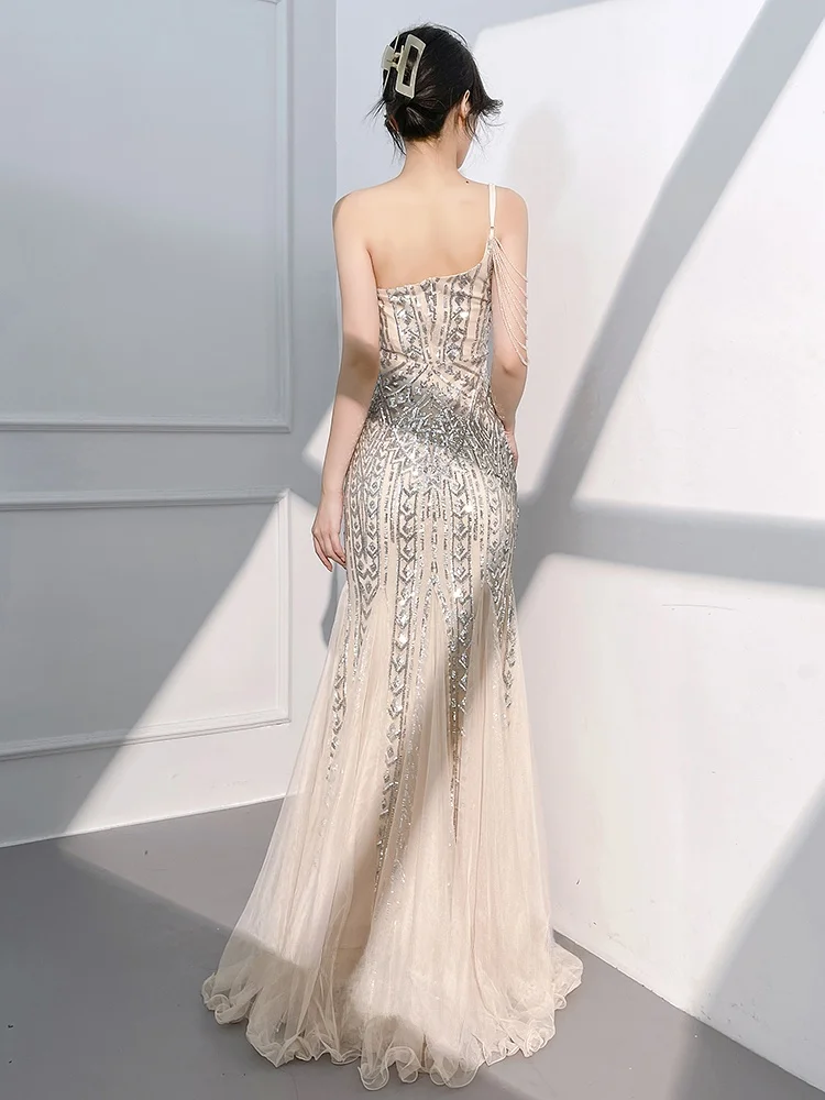 Champagne Color One oulder Evening Gown Women's 2026 New High-End Lightweight Luxury Host Year Conference Tail Fi Tail...