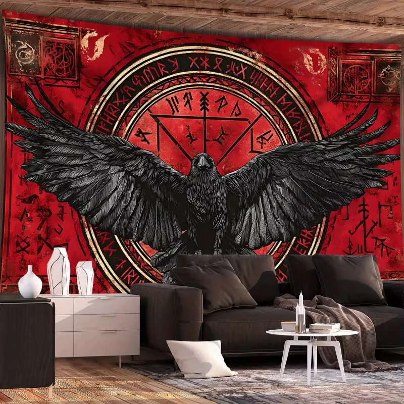 Norse Raven Runes Tapestry Dark Esoteric Design Wall Decor for Bedroom Styling Viking Theme Photo Backdrop