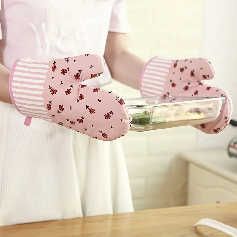 

A Pair of 2pcs Pastoral Style Thickened Grid Microwave Oven Oven Glove Microwave Oven Gloves Anti Scalding Gloves