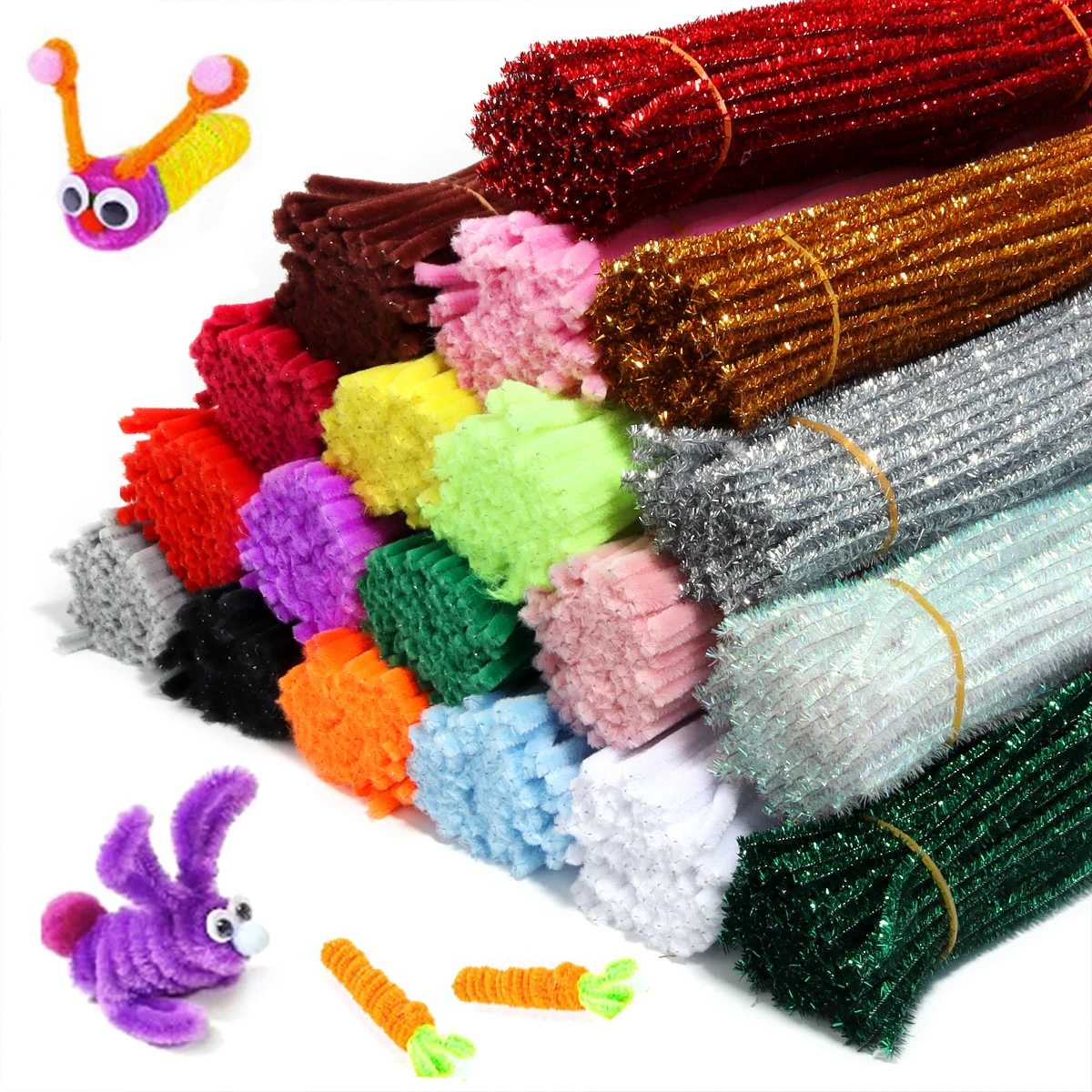 100 pçs glitter chenille hastes limpadores de tubulação de pelúcia enfeites hastes com fio varas crianças educacional diy artesanato suprimentos brinquedos artesanato