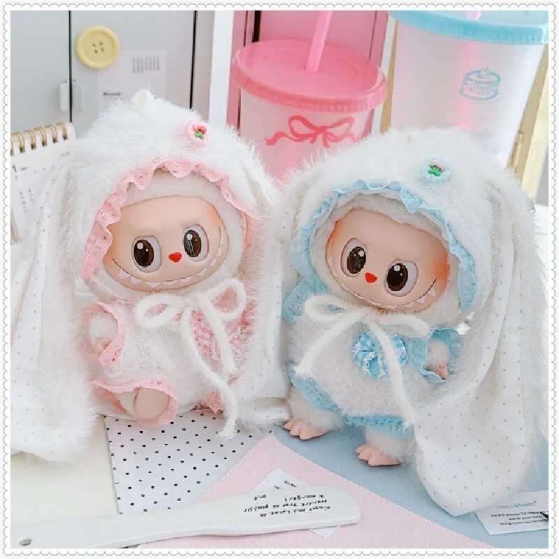 Labubu Doll Clothes 17Cm Plush Rabbit Hooded Jumpsuit Cute Fluffy Lace Trim Sitting Party Dress Up For Gen 1 2 3 Vinyl Doll